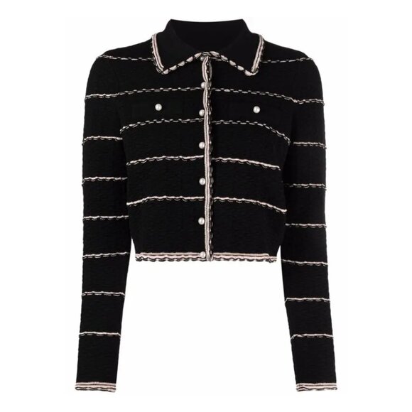 NWT Sandro Andina Cropped Cardigan Sweater Black Waffle Knit Embroidered Striped - Picture 2 of 9